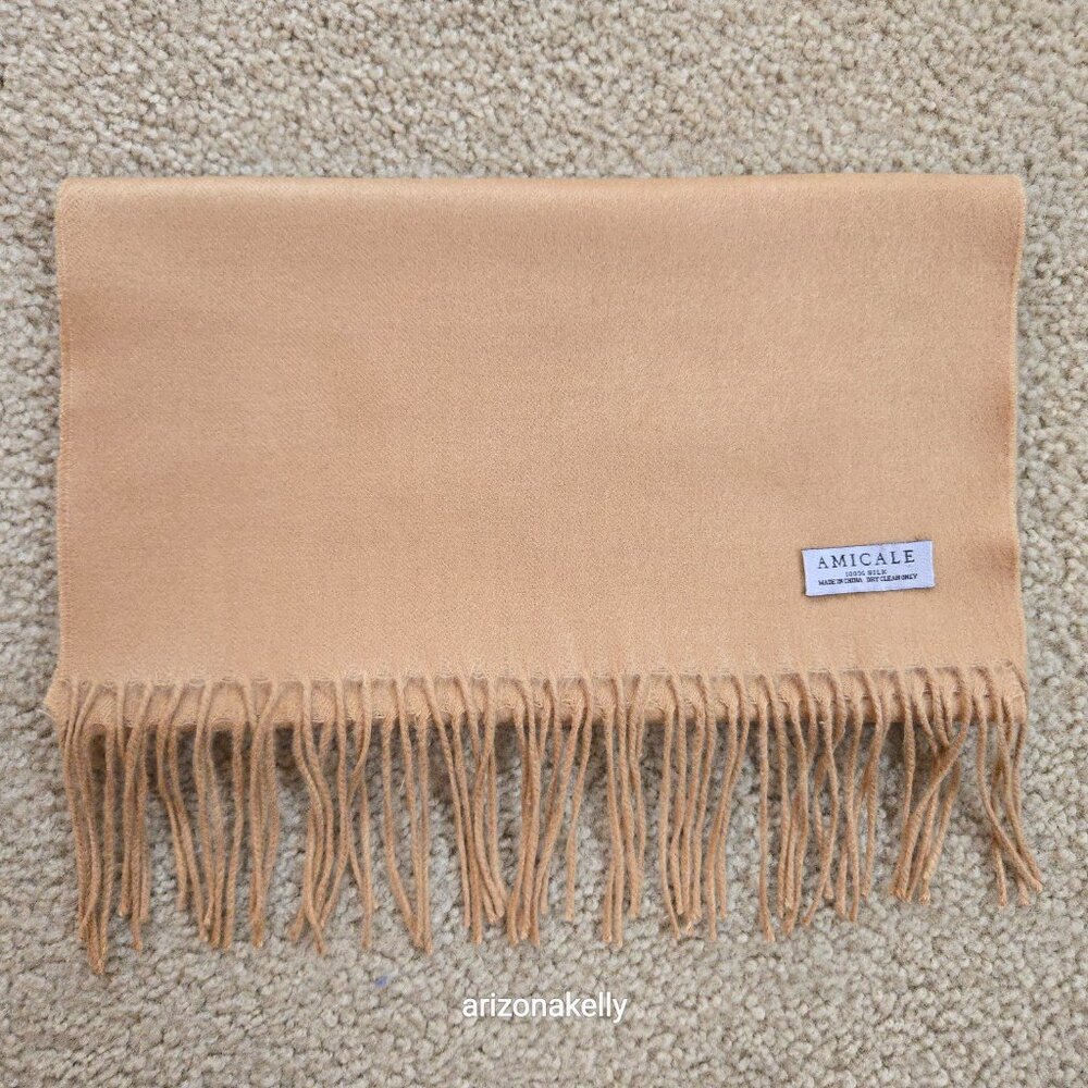 NWOT Amicale 100% Silk Scarf Soft Nap Like Cashmere Camel Tan - Picture 10 of 12